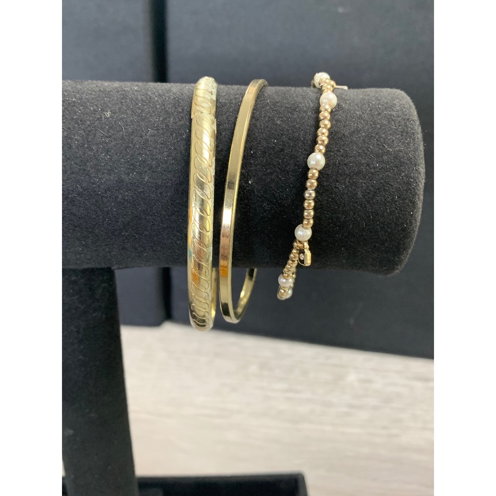Nine West Gold Tone Bracelet Set Faux Pearl Beaded Stretch & Bangle Trio 3536